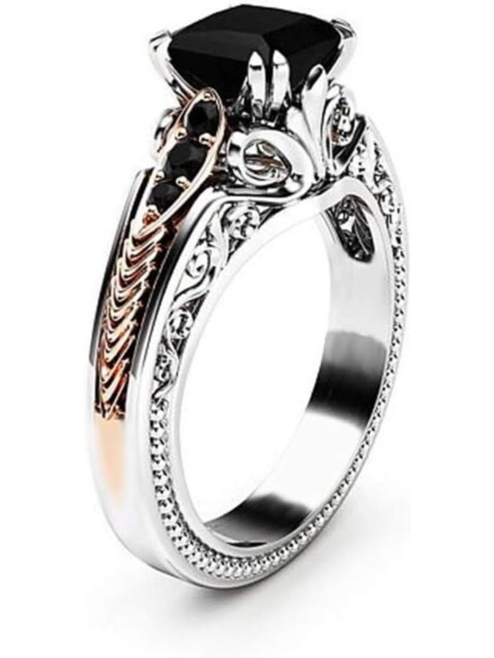 Vintage 925 Sterling Silver Black Onyx Cocktail Ring with Marcasite & CZ